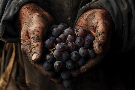 Generative AI Image of Hand Holding Picked Grape at Vineyard Farm Garden Backgroundの素材
