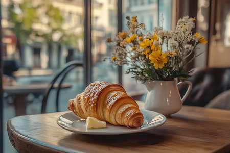 Generative AI Image of Authentic French Fresh Original Croissant Bread Pastry at Cafe Restaurantの素材