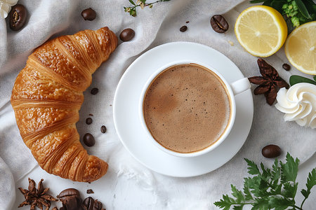 Generative AI Image of Authentic French Croissant Bread Pastry with Hot Coffee at Cafe Restaurantの素材