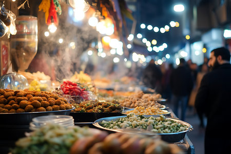 Generative AI Image of Fresh Falafel with Authentic Middle Eastern Food at Street Food Bazaarの素材
