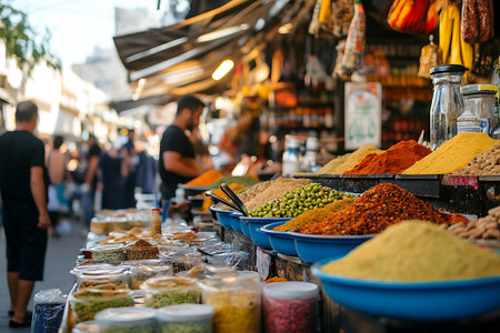 Generative AI Image of Authentic Middle Eastern Ingredient Powders at Street Food Bazaarの素材