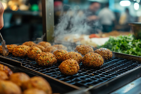 Generative AI Image of Authentic Middle Eastern Fresh Grilled Falafel at Street Food Bazaarの素材