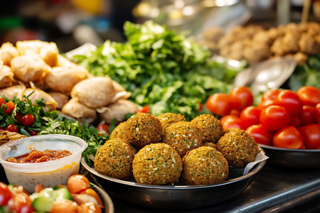 Generative AI Image of Authentic Middle Eastern Fresh Falafel with Vegetables at Street Food Bazaarの素材