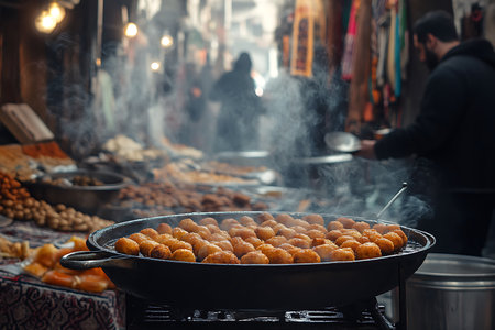 Generative AI Image of Authentic Middle Eastern Fresh Fried Falafel at Street Food Bazaarの素材