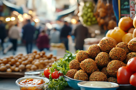 Generative AI Image of Authentic Middle Eastern Fresh Fried Falafel at Street Food Bazaarの素材
