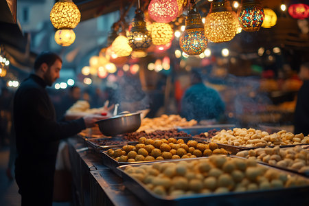 Generative AI Image of Fresh Falafel with Authentic Middle Eastern Food at Street Food Bazaarの素材