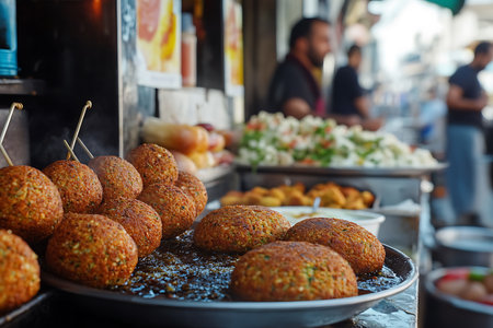 Generative AI Image of Authentic Middle Eastern Fresh Fried Falafel at Street Food Bazaarの素材