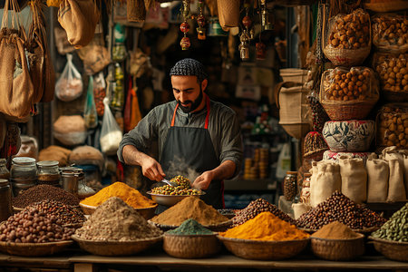 Generative AI Image of Old Man Packing Authentic Middle Eastern Powders at Street Food Bazaarの素材
