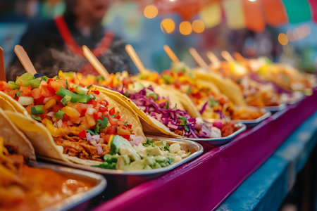 Generative AI Image of Authentic Delicious Mexican Cuisine Fresh Tacos at Street Food Bazaarの素材