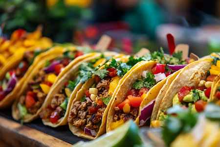 Generative AI Image of Authentic Delicious Mexican Cuisine Fresh Tacos with Mince Meat and Vegetableの素材