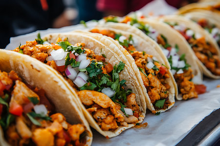 Generative AI Image of Authentic Delicious Mexican Cuisine Fresh Tacos with Mince Meat and Vegetableの素材