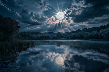 Generative AI Image of Beautiful Sphere Full Moon Cloud Night with Reflection Lake River Wallpaperの素材