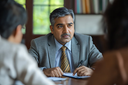 Generative AI Image of Indian Businessman Speaking Explain to Client Negotiation at Office Wallpaperの素材