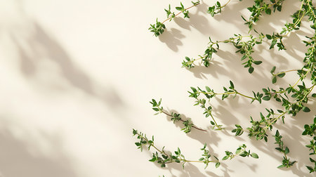 Generative AI Image of Fresh Harvested Green Thyme Leaves Sprig with Light Shadow White Backgroundの素材
