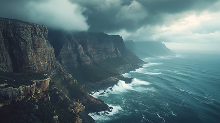 Generative AI Image of Beach Ocean Coast and Rocky Stone Cliff with Fog Nature Wallpaperの素材