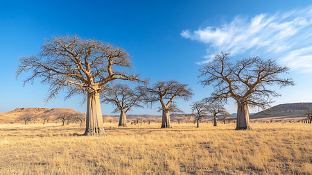 Generative AI Image of Desolate Barren Meadow with Tree Mountain Hill Bright Cloudy Sky Wallpaperの素材