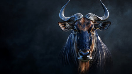 Generative AI Image of Close Up Wildebeest Face with Black Backgroundの素材