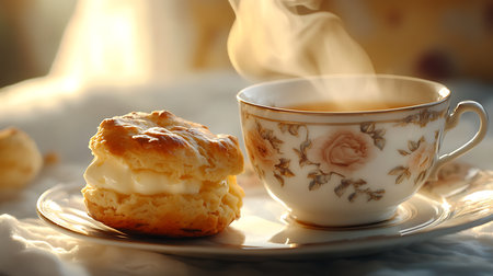 Generative AI Image of Hot Tea Mug with Soft Buttery Scone with Light Shadow at Morning Teatimeの素材