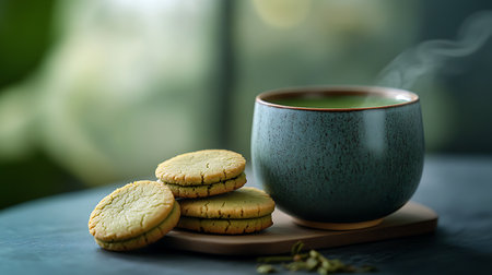 Generative AI Image of Warm Green Tea Matcha Drink with Soft Cookies and Light Shadow Backgroundの素材
