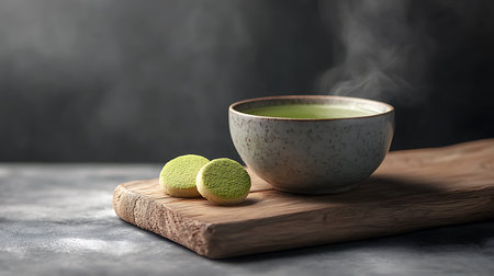Generative AI Image of Warm Green Tea Matcha Drink with Soft Cookies and Light Shadow Backgroundの素材