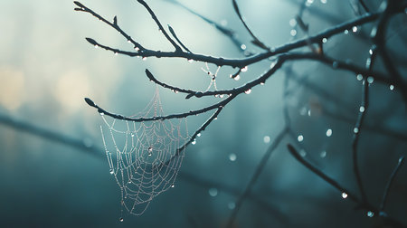 Generative AI Image of Spider Web Nature Droplets Water at Night Dark Bokeh Wallpaperの素材