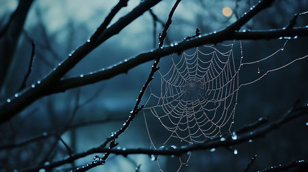 Generative AI Image of Spider Web Nature Droplets Water at Night Dark Bokeh Wallpaperの素材
