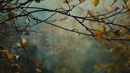 Generative AI Image of Spider Web Nature Droplets Water at Night Dark Bokeh Wallpaperの素材