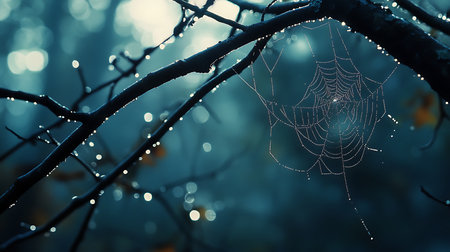 Generative AI Image of Spider Web Nature Droplets Water at Night Dark Bokeh Wallpaperの素材