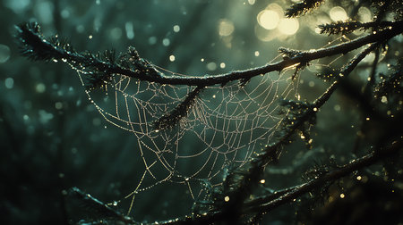 Generative AI Image of Spider Web Nature Droplets Water on Leaves Bokeh Wallpaperの素材