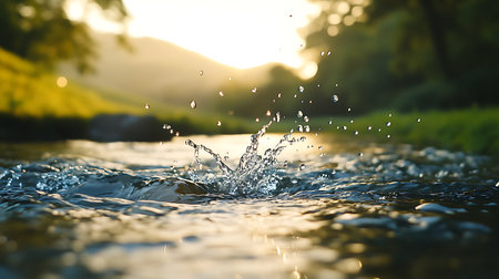 Generative AI Image of Tranquil Water Stream Flow at River Drain with Sunlight Wallpaperの素材