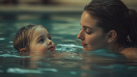Generative AI Image Beautiful Mother with Child Swimming Pool with Smile Happy Expressionの素材