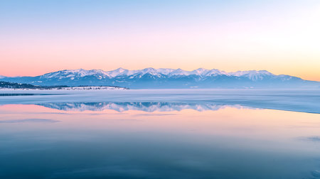 Generative AI Image of Rock Stone Mountain Hill with Lake River at Sunrise Sunset Sky Wallpaperの素材