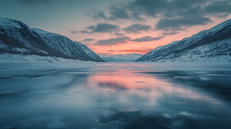 Generative AI Image of Rock Stone Mountain Hill with Lake River at Sunrise Sunset Sky Wallpaperの素材