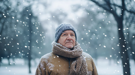 Generative AI Image of Elderly Man with Wool Scarf Standing in Park at Winter Snowfall Seasonの素材