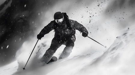 Generative AI Image of Brave Skier on Snowy Mountain Hill at Monochrome Winter Snowfall Seasonの素材