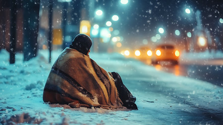 Generative AI Image of Homeless Person with Blanket Sitting on City Street Corner Winter Seasonの素材