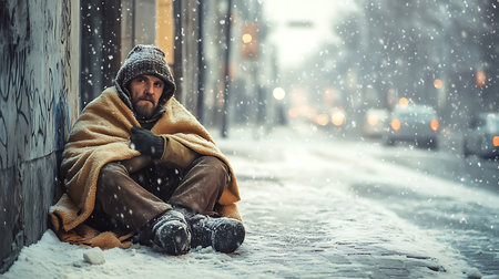 Generative AI Image of Homeless Person with Blanket Sitting on City Street Corner Winter Seasonの素材