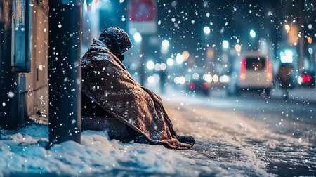 Generative AI Image of Homeless Person with Blanket Sitting on City Street Corner Winter Seasonの素材