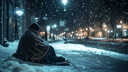 Generative AI Image of Homeless Person with Blanket Sitting on City Street Corner Winter Seasonの素材