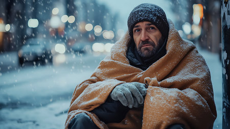 Generative AI Image of Homeless Person with Blanket Sitting on City Street Corner Winter Seasonの素材