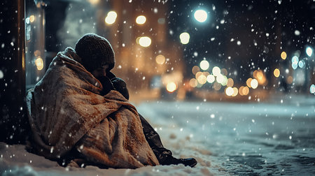 Generative AI Image of Homeless Person with Blanket Sitting on City Street Corner Winter Seasonの素材