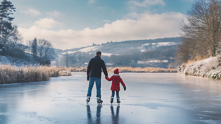 Generative AI Image of Father and Child Enjoy Ice Skating Together on Frozen Lake at Bright Dayの素材