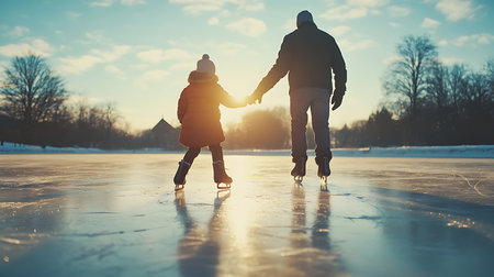 Generative AI Image of Father and Child Enjoy Ice Skating on Frozen Lake at Peaceful Morningの素材