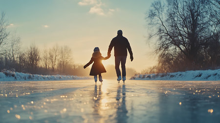 Generative AI Image of Father and Child Enjoy Ice Skating on Frozen Lake at Peaceful Morningの素材