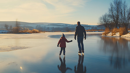 Generative AI Image of Father and Child Enjoy Ice Skating on Frozen Lake at Peaceful Morningの素材