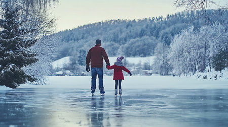 Generative AI Image of Father and Child Enjoy Ice Skating Together on Frozen Lake at Bright Dayの素材