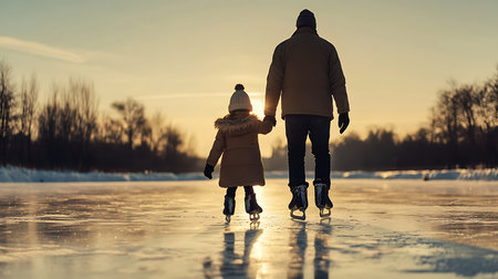 Generative AI Image of Father and Child Enjoy Ice Skating on Frozen Lake at Peaceful Morningの素材
