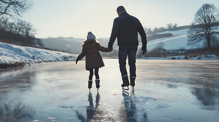Generative AI Image of Father and Child Enjoy Ice Skating Together on Frozen Lake at Bright Dayの素材