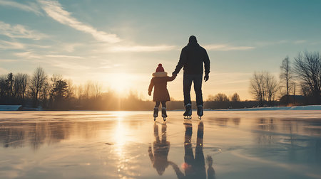 Generative AI Image of Father and Child Enjoy Ice Skating on Frozen Lake at Peaceful Morningの素材