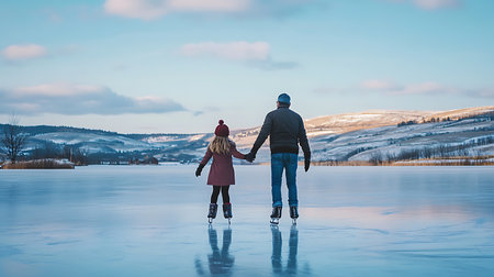 Generative AI Image of Father and Child Enjoy Ice Skating Together on Frozen Lake at Bright Dayの素材